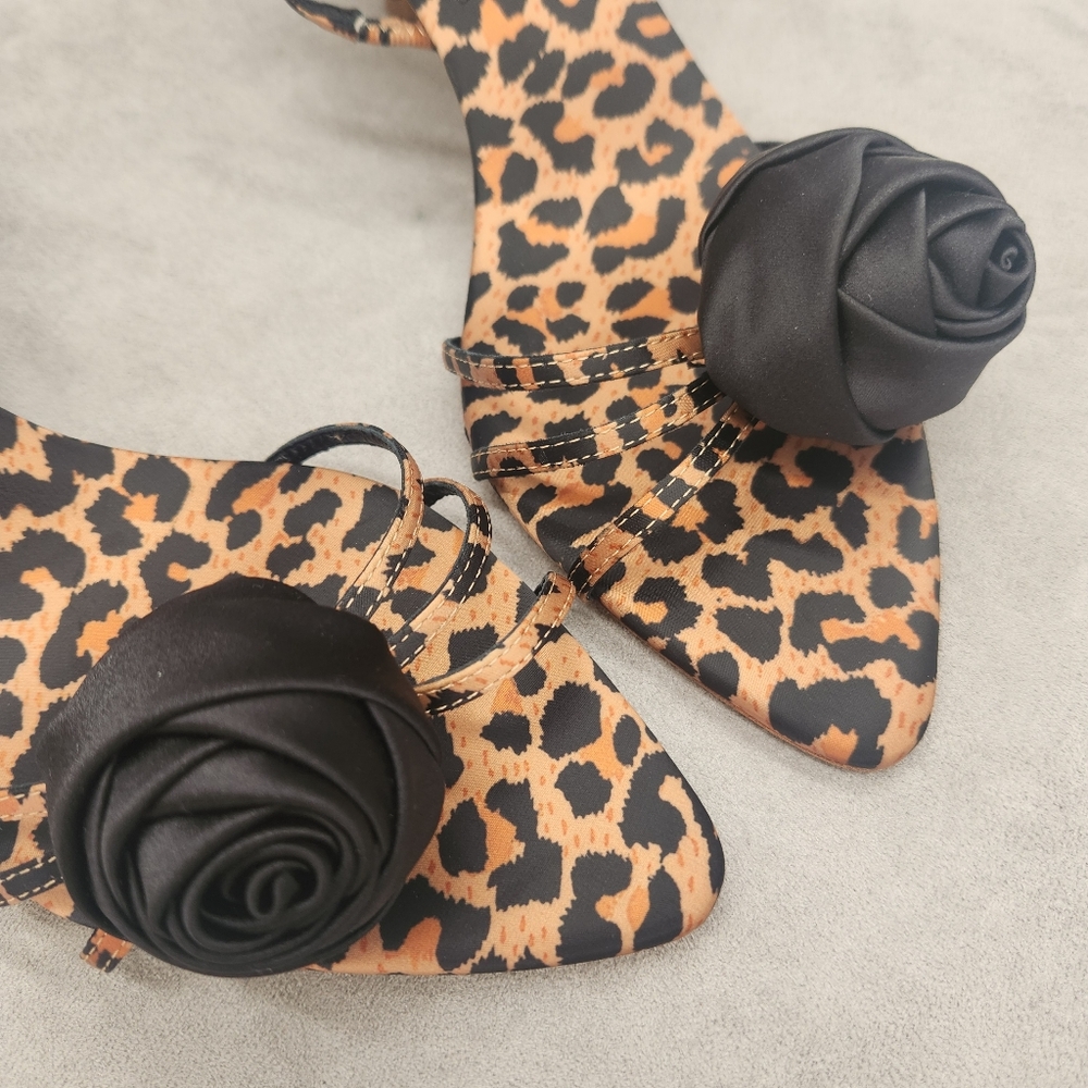 Deltan Dressy Sandals 10 Brown Satin Amayah Leopard Print Black Rosette New $110 - Picture 5 of 15